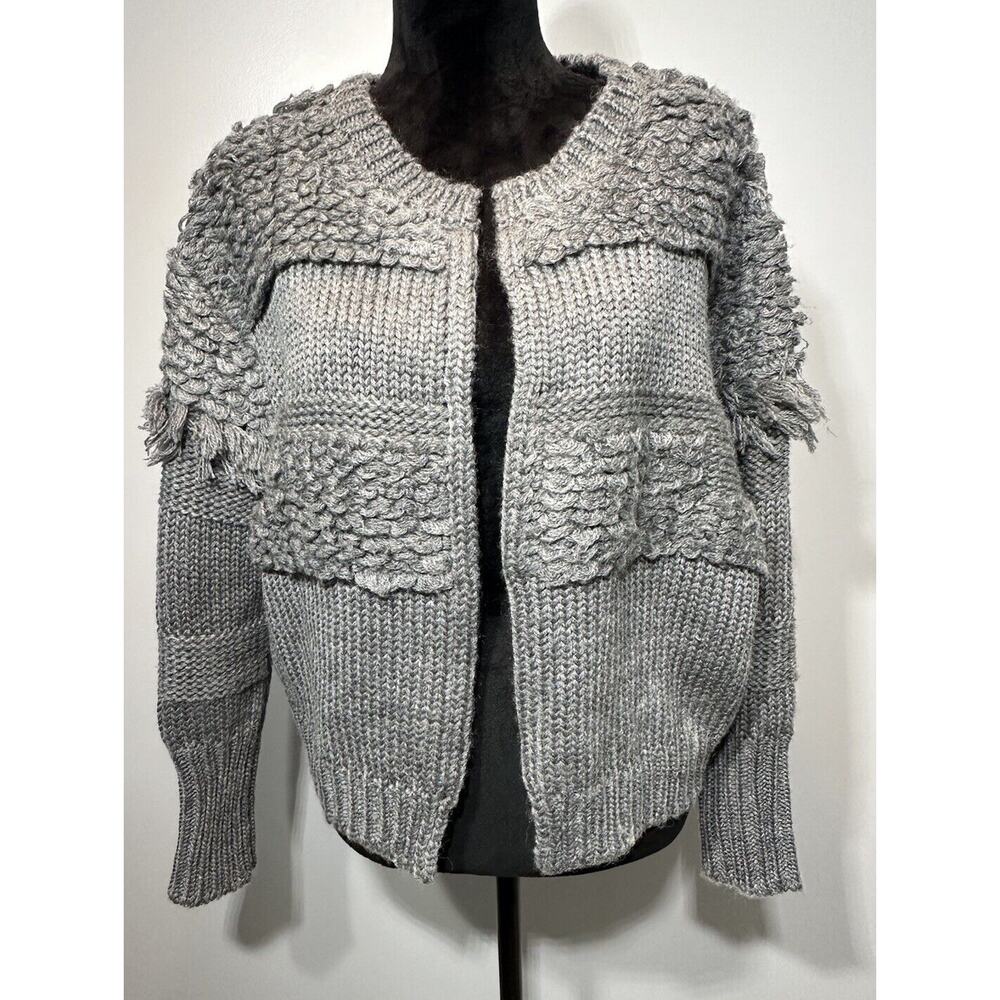 Chunky Knit Gray Fringe Cardigan Open Sweater Size Small Wool Blend Boho